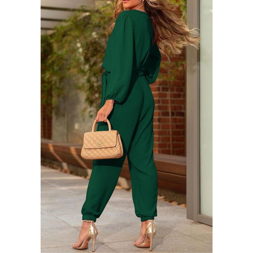 NEW Green V Neck Pockets Long Sleeve Belted Jumpsuit XL - Picture 3 of 5